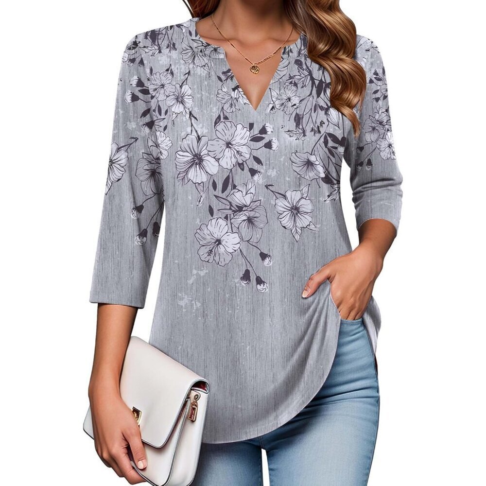 Women's Floral 3/4 Sleeve V-Neck Tunic Blouse Casual Dressy Top